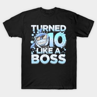 10Th Birthday Shark Boy 10 Years Like A Boss Shark T-Shirt